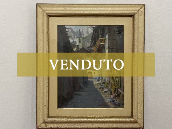 Dipinto ad olio di Vittorio Nattino: paesaggio di un villaggio montano
