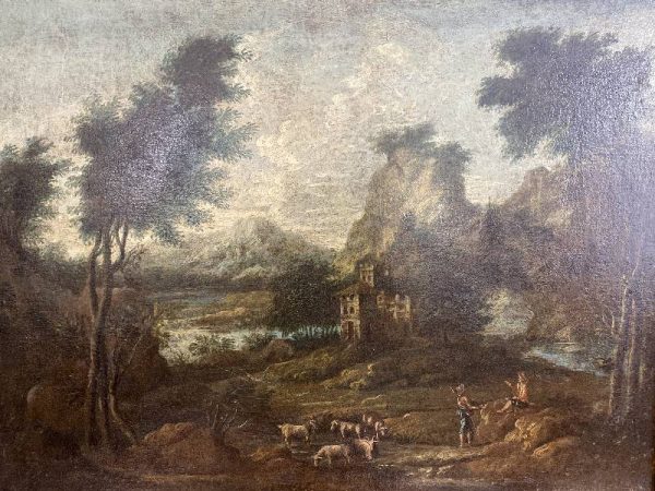 Antico dipinto ‘700 (olio su tela): paesaggio fluviale con contadini