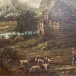 Antico dipinto ‘700 (olio su tela): paesaggio fluviale con contadini