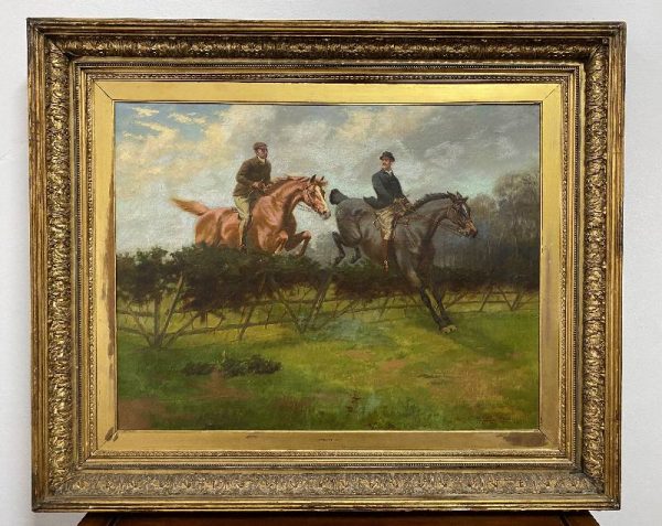 Dipinto ad olio su tela di Adrian Jones raffigurante due cavallieri nella campagna inglese