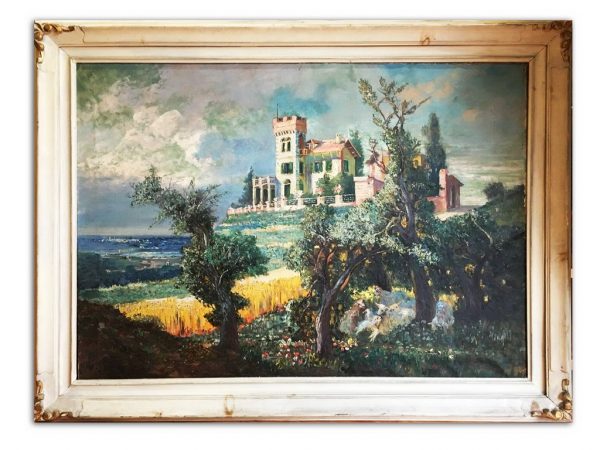 Dipinto ad olio su tela di Gerolamo Varese raffigurante villa sulle colline