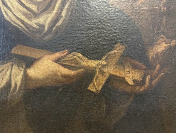Antico dipinto ad olio su tela del 1600 raffigurante Santa Caterina da Siena - 004 - Particolare del crocefisso