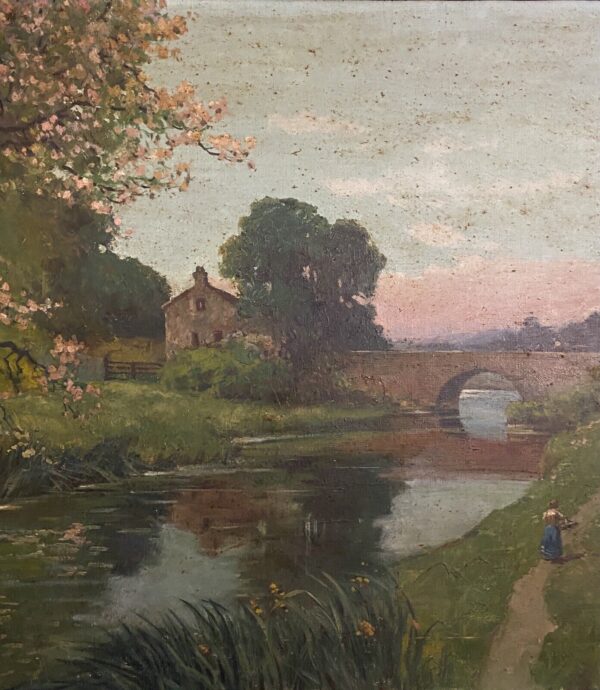 Cesare Bentivoglio - Dipinto ad olio su tela, paesaggio fluviale - Particolare