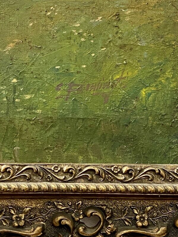 Cesare Bentivoglio - Dipinto ad olio su tela, paesaggio fluviale - Firma del pittore e dettaglio della cornice dorata