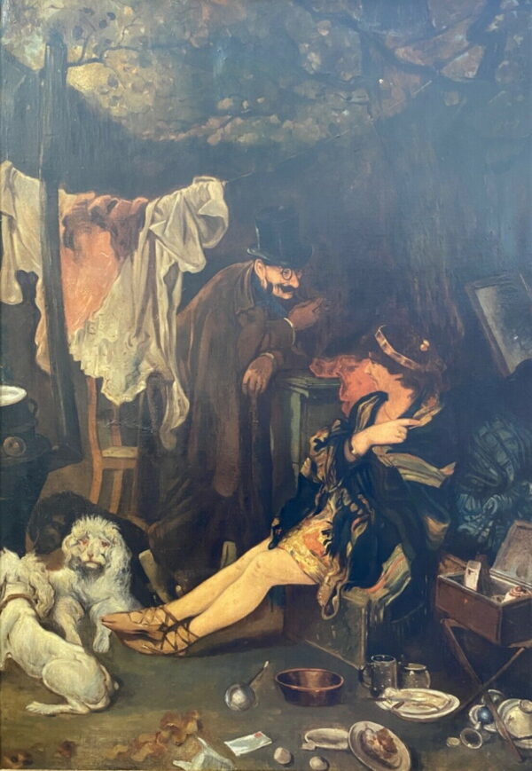 Antico dipinto ad olio su tela del XIX secolo: gentiluomo e ballerina - Dettaglio