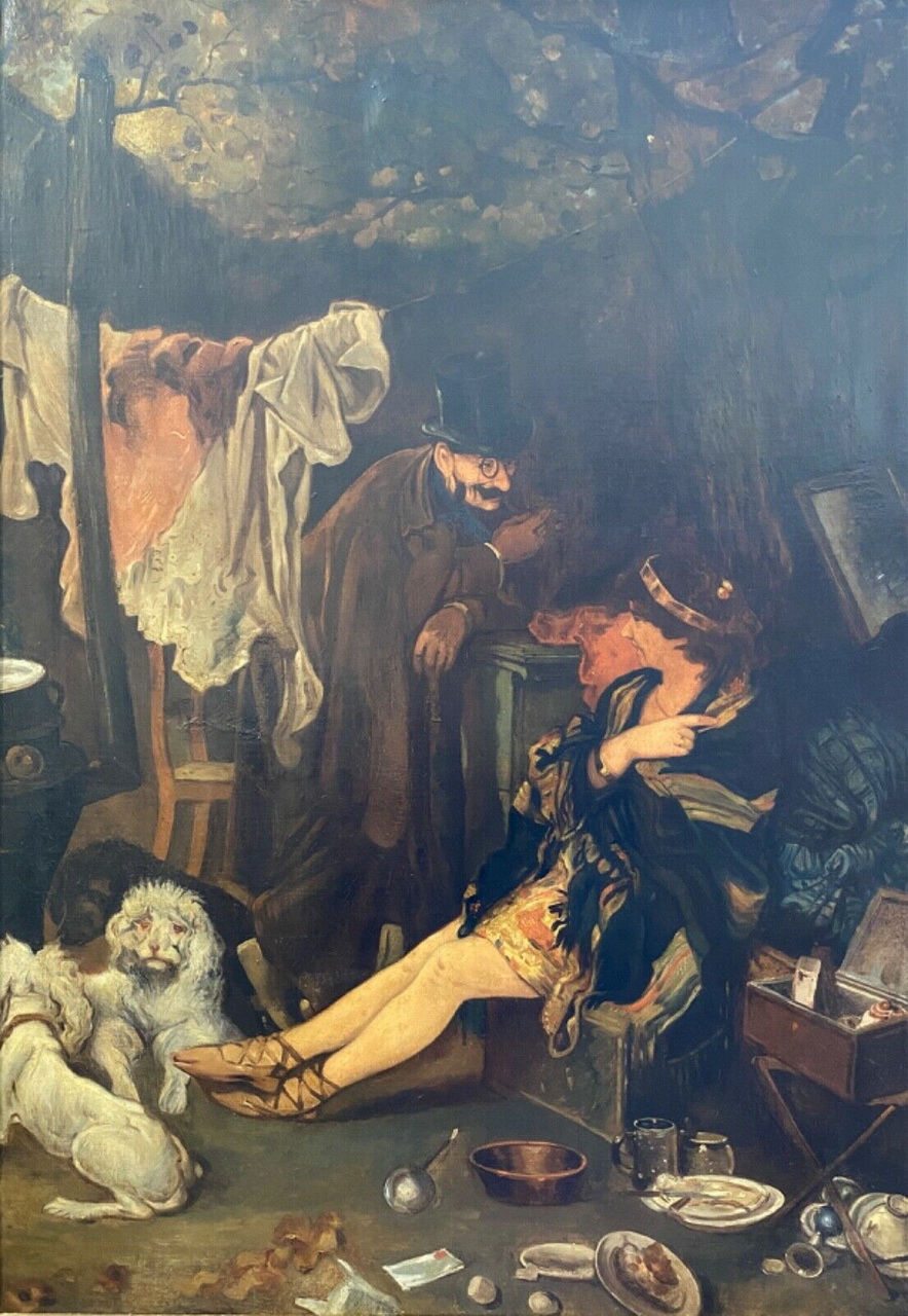 Antico dipinto ad olio su tela del XIX secolo: gentiluomo e ballerina – Dettaglio