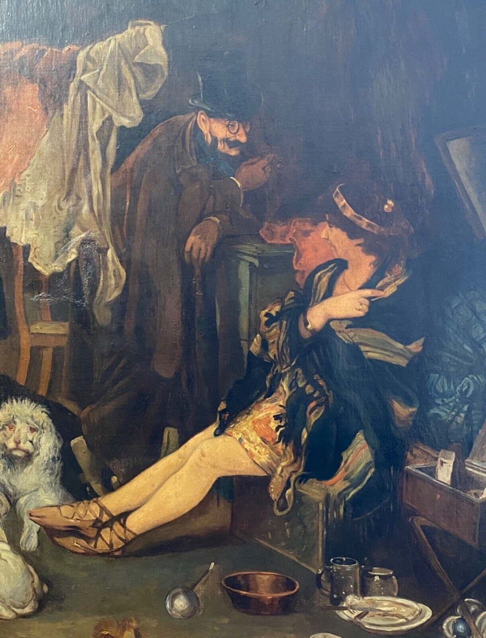 Antico dipinto ad olio su tela del XIX secolo: gentiluomo e ballerina – Particolare