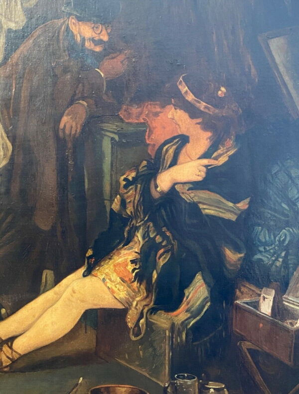 Antico dipinto ad olio su tela del XIX secolo: gentiluomo e ballerina - Particolare dei personaggi