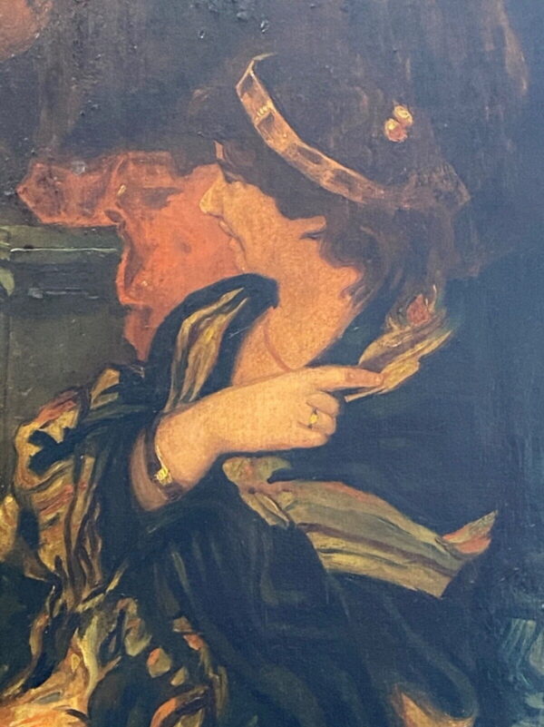 Antico dipinto ad olio su tela del XIX secolo: gentiluomo e ballerina - Particolare della donna