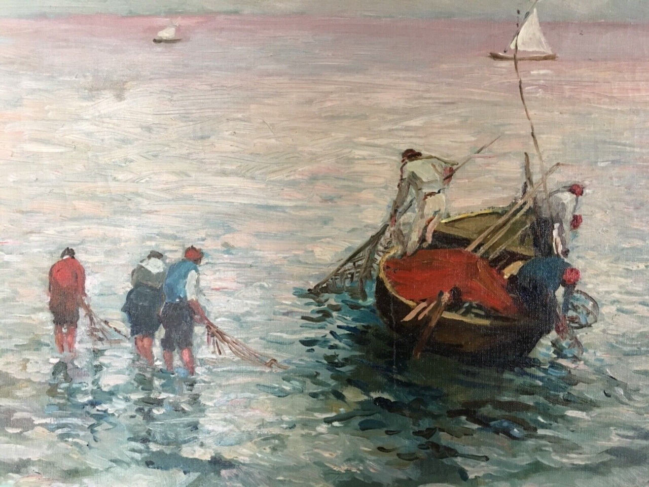 Dipinto ad olio su tela raffigurante paesaggio case sul lago. Firma
