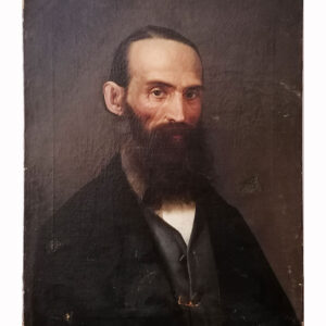 Dipinto ad olio su tela del 1800: gentiluomo con sguardo austero, occhi penetranti, barba incolta, giacca e panciotto eleganti, raffigurato di tre quarti