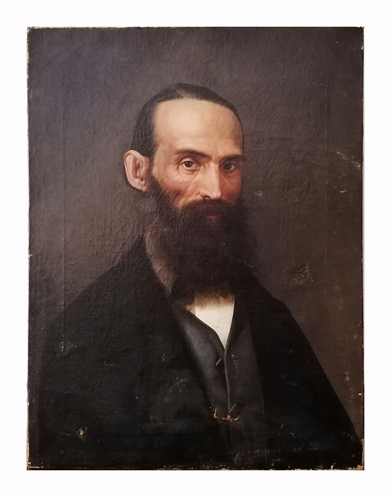 Dipinto ad olio su tela del 1800: gentiluomo con sguardo austero, occhi penetranti, barba incolta, giacca e panciotto eleganti, raffigurato di tre quarti