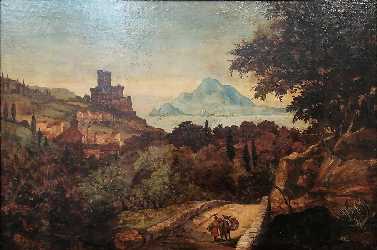 Paesaggio sul lago: dipinto ad olio del ‘700, dettaglio dell’opera senza cornice