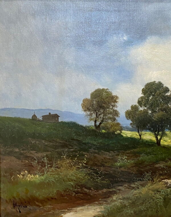 Dipinto ad olio di Henry Markó- paesaggio di campagna - 007 - In lontananza, sulla sinistra, un casolare ed un fienile