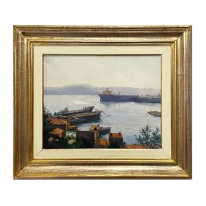 Giuseppe Arigliano: dipinto ad olio su tela “Navi e case controluce” - Immagine principale