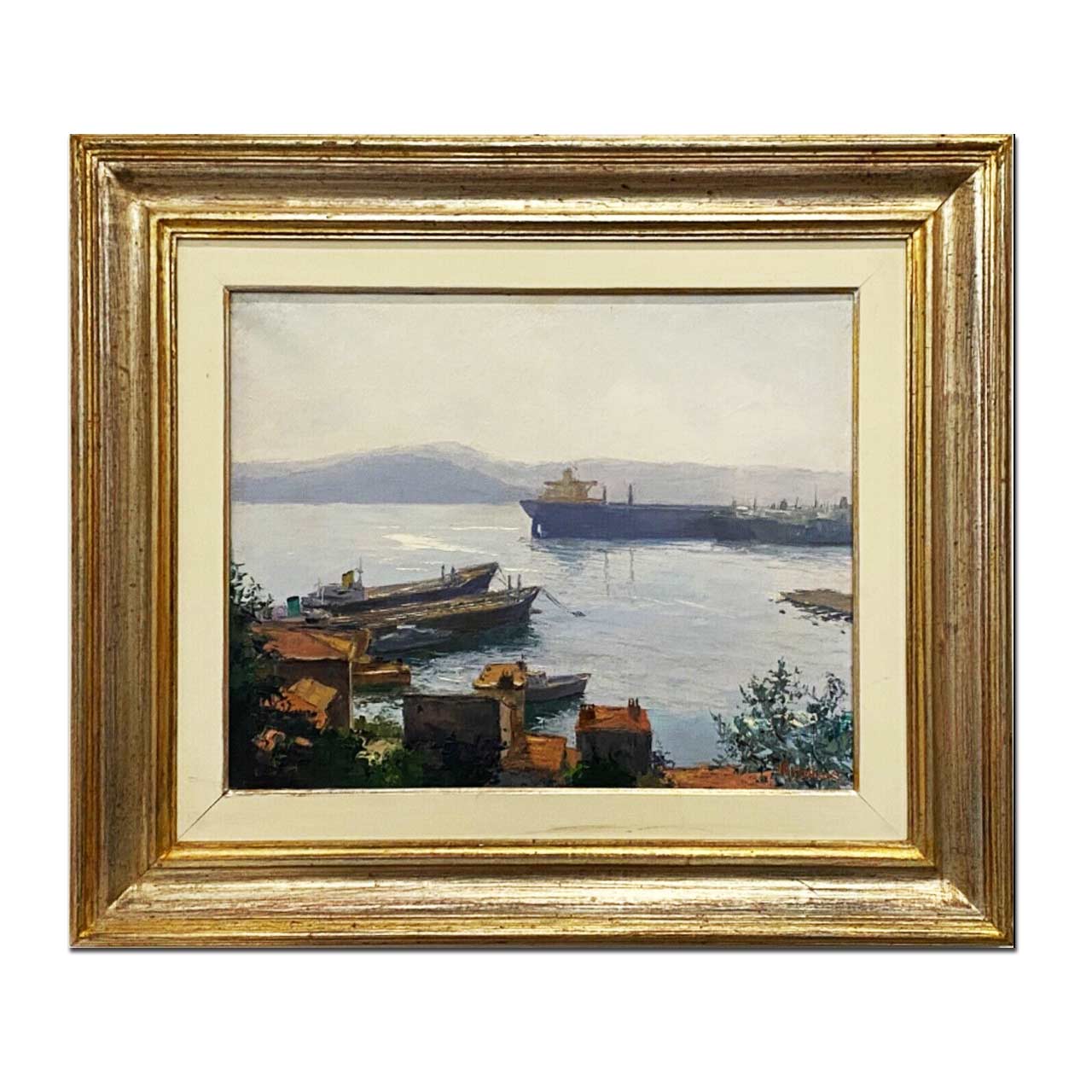 Giuseppe Arigliano: dipinto ad olio su tela “Navi e case controluce” – Immagine principale