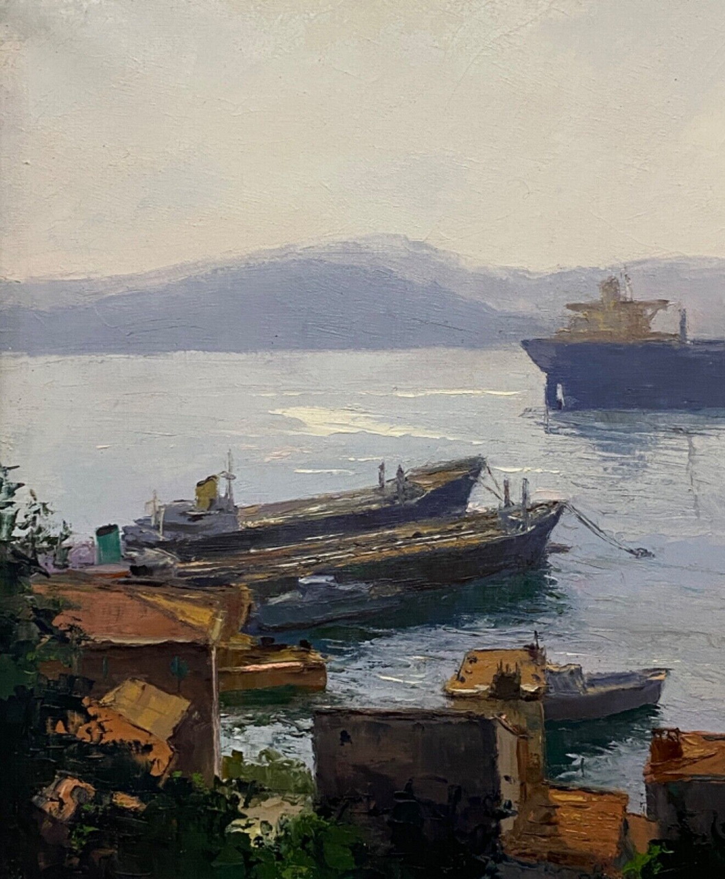 Giuseppe Arigliano: dipinto ad olio su tela “Navi e case controluce” – Dettaglio
