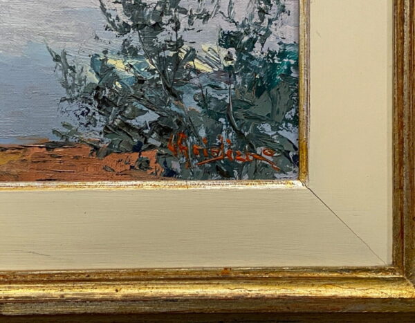 Giuseppe Arigliano: dipinto ad olio su tela “Navi e case controluce” - Dettaglio della firma dell'autore