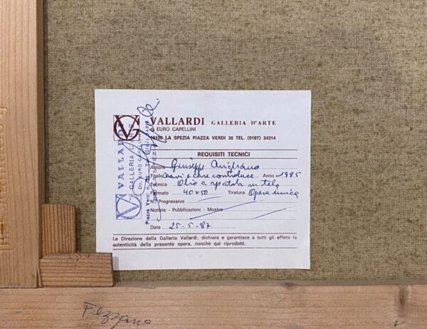 Giuseppe Arigliano: dipinto ad olio su tela “Navi e case controluce” - Detaglio del cartiglio sul retro