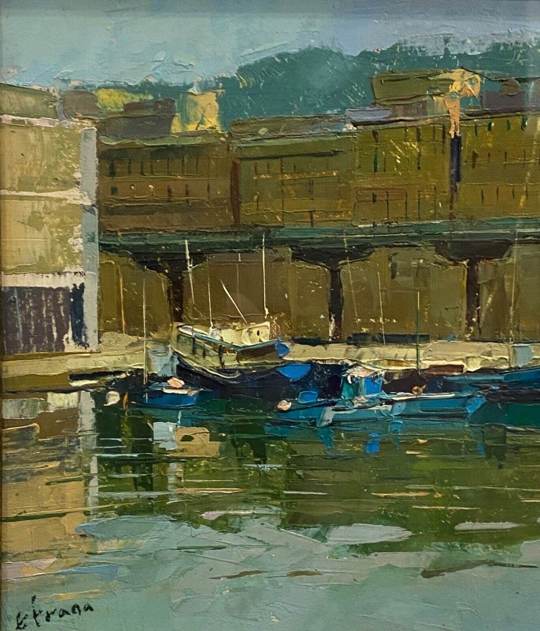 Olio su tavola di Ettore Frana: veduta di Genova dal mare – Dettaglio dell’opera