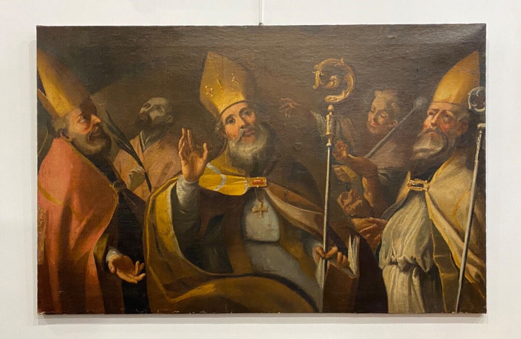 Antico dipinto del 1600: olio su tela rappresentante vescovi e santo: immagine principale