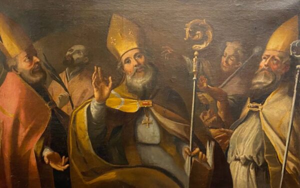 Antico dipinto del 1600: olio su tela rappresentante vescovi e santo: immagine dell'opera