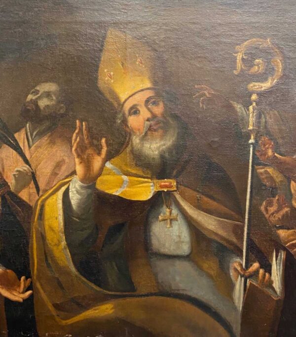 Antico dipinto del 1600: olio su tela rappresentante vescovi e santo: particolare dell'opera