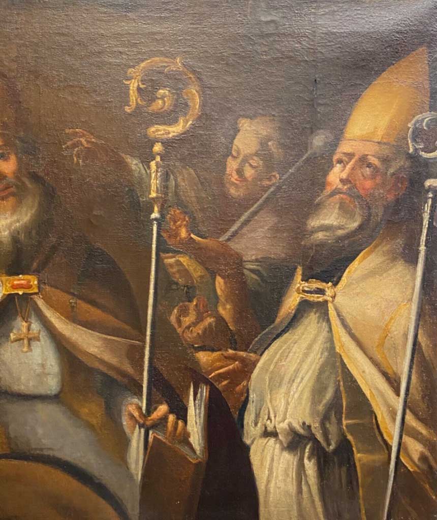 Antico dipinto del 1600: olio su tela rappresentante vescovi e santo: particolare dell’opera