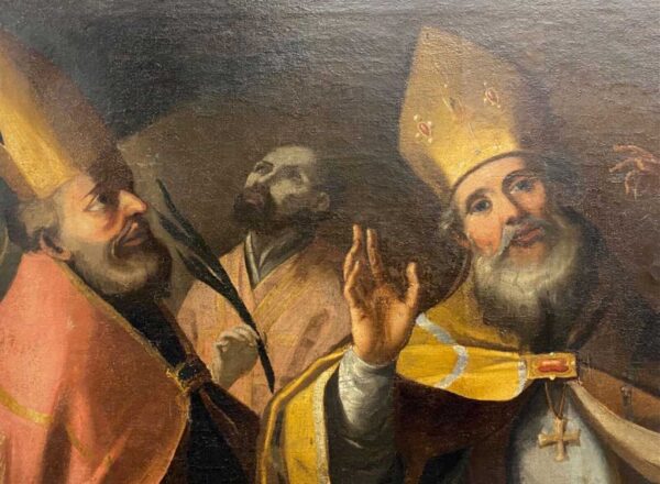 Antico dipinto del 1600: olio su tela rappresentante vescovi e santo: particolare dell'opera