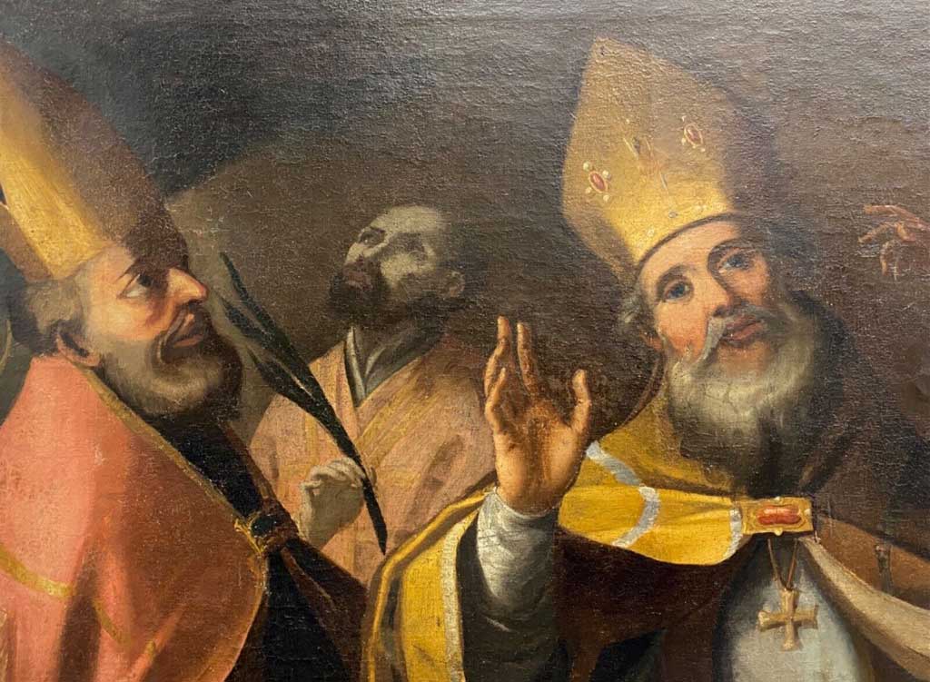Antico dipinto del 1600: olio su tela rappresentante vescovi e santo: particolare dell’opera