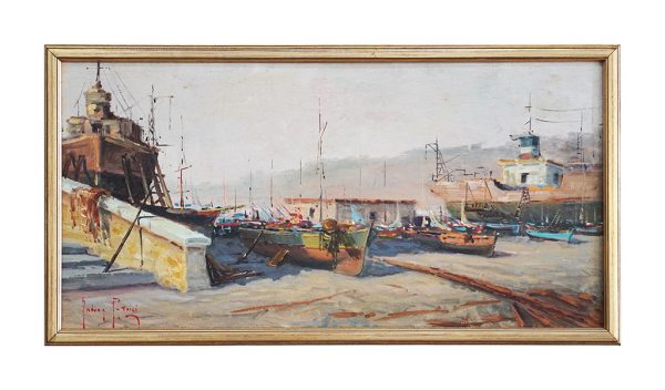 Dipinto di Andrea Patrisi “Barche sul molo”, 1954 - Immagine della sola opera