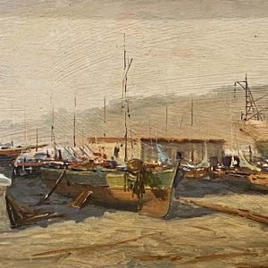 Dipinto di Andrea Patrisi “Barche sul molo”, 1954 - Dettaglio
