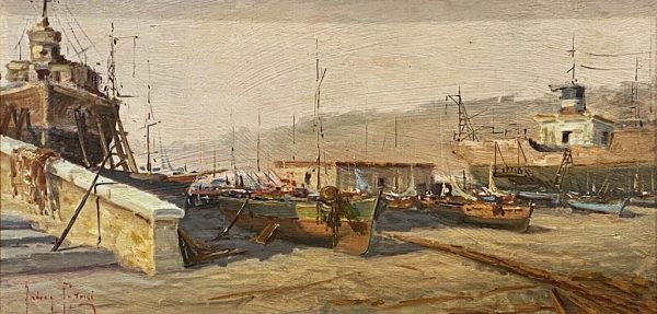 Dipinto di Andrea Patrisi “Barche sul molo”, 1954 - Dettaglio