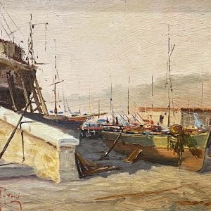Dipinto di Andrea Patrisi “Barche sul molo”, 1954 - Particolare