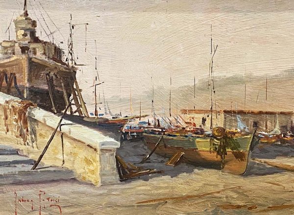 Dipinto di Andrea Patrisi “Barche sul molo”, 1954 - Particolare