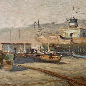 Dipinto di Andrea Patrisi “Barche sul molo”, 1954 - Particolare