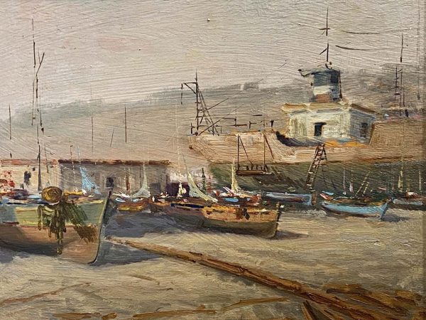 Dipinto di Andrea Patrisi “Barche sul molo”, 1954 - Particolare