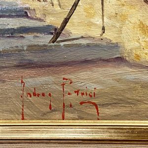 Dipinto di Andrea Patrisi “Barche sul molo”, 1954 - Particolare della firma