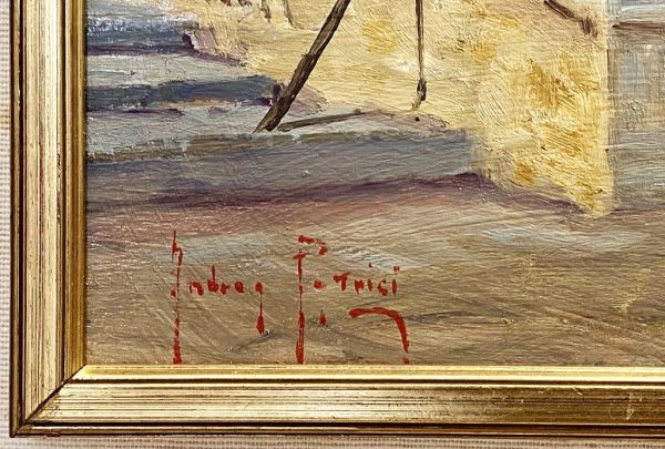 Dipinto di Andrea Patrisi “Barche sul molo”, 1954 - Particolare della firma