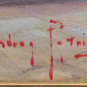 Dipinto di Andrea Patrisi “Barche sul molo”, 1954 - Firma dell'artista