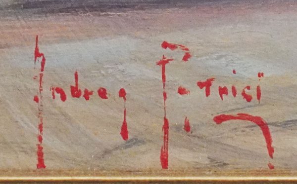 Dipinto di Andrea Patrisi “Barche sul molo”, 1954 - Firma dell'artista