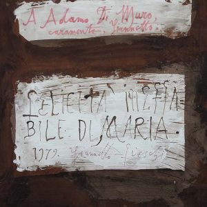 Giannetto Fieschi, “Felicità ineffabile di Maria” olio su tavoletta, 1979 - Retro dell'opera con firma, dedica ed anno
