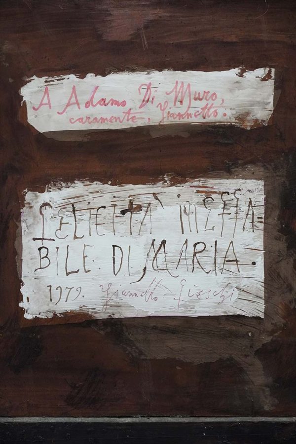 Giannetto Fieschi, “Felicità ineffabile di Maria” olio su tavoletta, 1979 - Retro dell'opera con firma, dedica ed anno