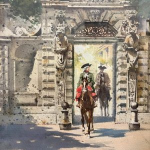 Aurelio Craffonara: acquerello, scena architettonica con figure a cavallo - Particolare