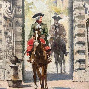 Aurelio Craffonara: acquerello, scena architettonica con figure a cavallo - Particolare