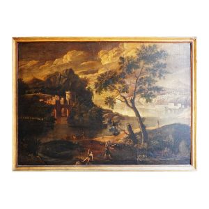 Dipinto del 1600: paesaggio fluviale con personaggi, scuola Michele Pagano - Immagine principale