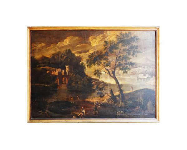 Dipinto del 1600: paesaggio fluviale con personaggi, scuola Michele Pagano - Immagine principale