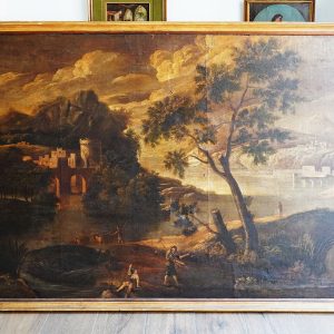 Dipinto del 1600: paesaggio fluviale con personaggi, scuola Michele Pagano - Vista frontale