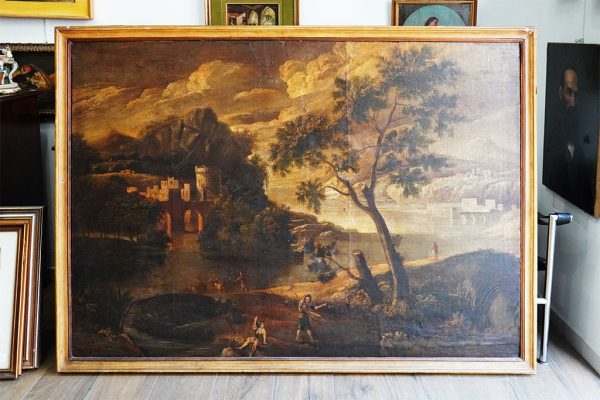 Dipinto del 1600: paesaggio fluviale con personaggi, scuola Michele Pagano - Vista frontale