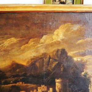Dipinto del 1600: paesaggio fluviale con personaggi, scuola Michele Pagano - Particolare